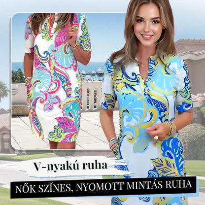 Női színes nyomtatott V-nyakú ruha