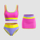 🏖️👙Színes blokkos, patchwork mintás, nylonból készült, sportos, 3 részes bikini szett