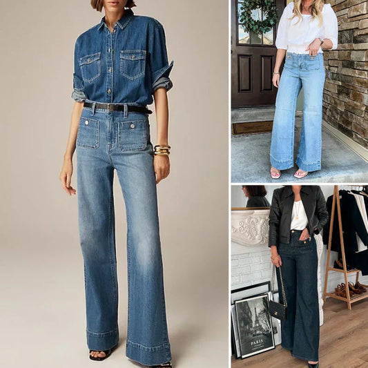 Széles szárú, magas derekú, csípőkiemelő farmer