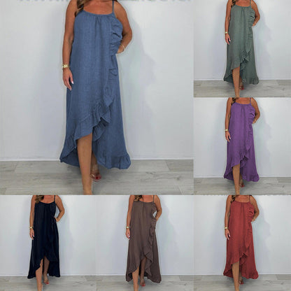 【S-3XL】💃Női egyszínű ujjatlan fodros szegély hosszú ruha