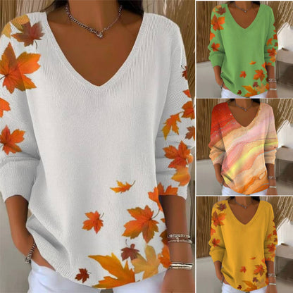 🍁 V-nyakú, hosszú ujjú blúz, juharlevél mintával
