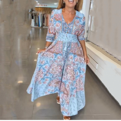 Női elegáns virágos virágos húzózsinór hosszú ruha