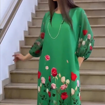 Női elegáns virágos kerek nyakú ruha