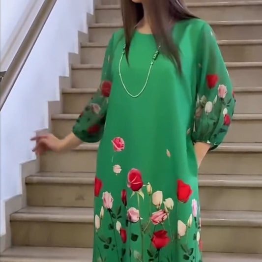 Női elegáns virágos kerek nyakú ruha