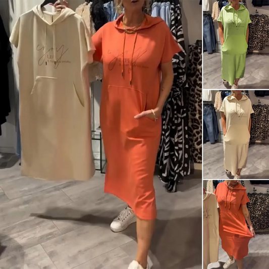 💖Női egyszínű egyszínű rövid ujjú kapucnis maxiruha