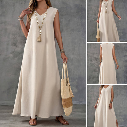 Női ujjatlan V-nyakú ruha oldalsó résszel