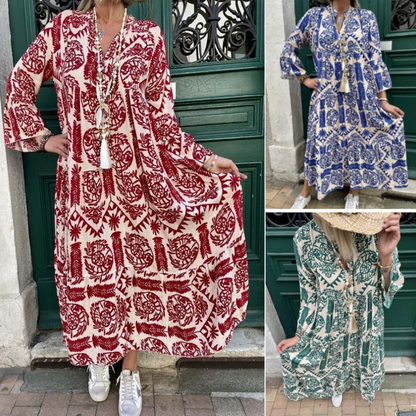 💐Női nyomtatott V-nyakú rakott ruha