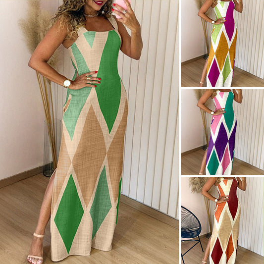 Női széles pántos színblokkos maxi ruha