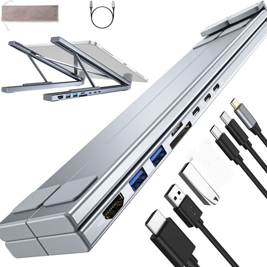💻🖥️ USB-C dokkoló & laptop állvány szett – 4K HDMI, többportos, ergonomikus | 2 az 1-ben: magasító állvány + 10 portos hub – tökéletes otthoni irodába 🏠✨