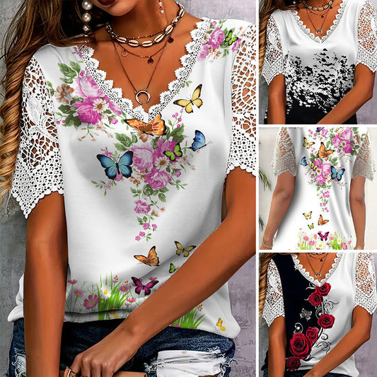 【S-4XL】👚Csipkés patchwork nyomtatott rövid ujjú felső