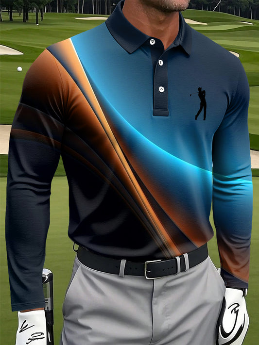 Férfi retro gradiens csík texturált művészet nyomtatás alkalmi üzleti hosszú ujjú póló