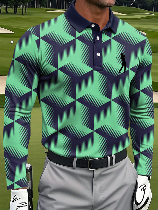 Férfi absztrakt színes geometriai nyomtatás alkalmi üzleti hosszú ujjú póló