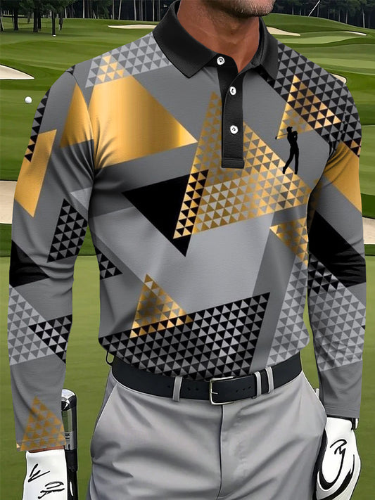 Férfi absztrakt arany geometriai nyomtatás alkalmi üzleti hosszú ujjú póló