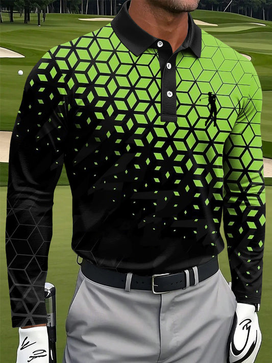 Férfi absztrakt gradient geometriai nyomtatás alkalmi üzleti hosszú ujjú póló