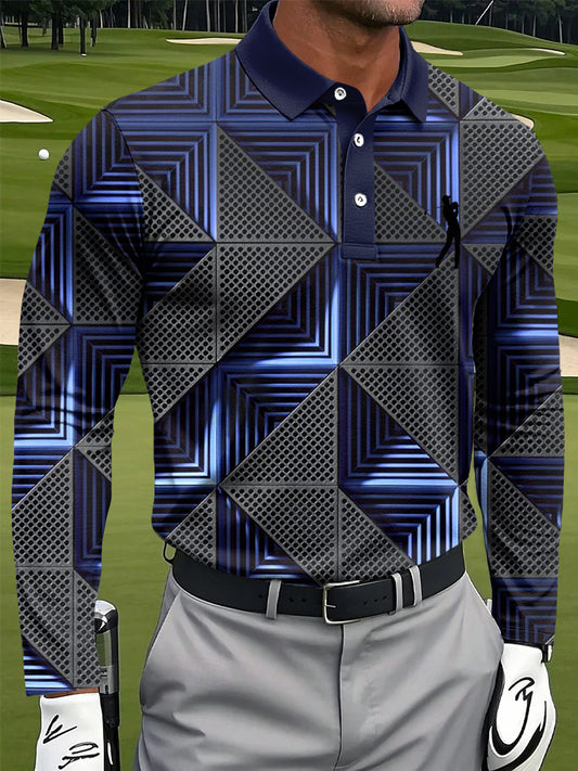 Férfi retro szimmetrikus geometriai nyomtatás alkalmi üzleti hosszú ujjú póló