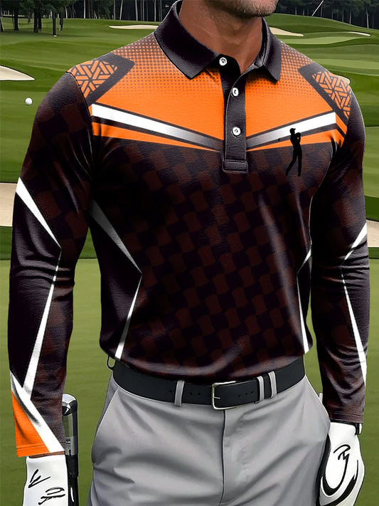 Férfi klasszikus geometriai patchwork nyomtatott alkalmi üzleti hosszú ujjú póló