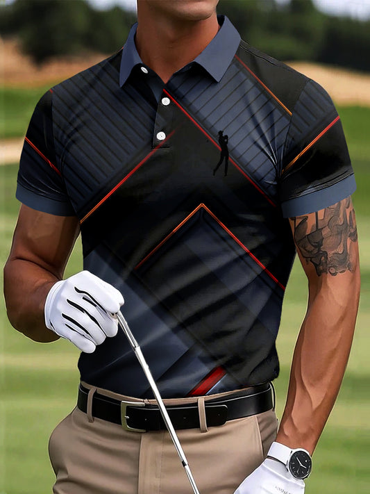Férfi golf absztrakt vonalak geometriai patchwork art nyomtatás alkalmi üzleti póló