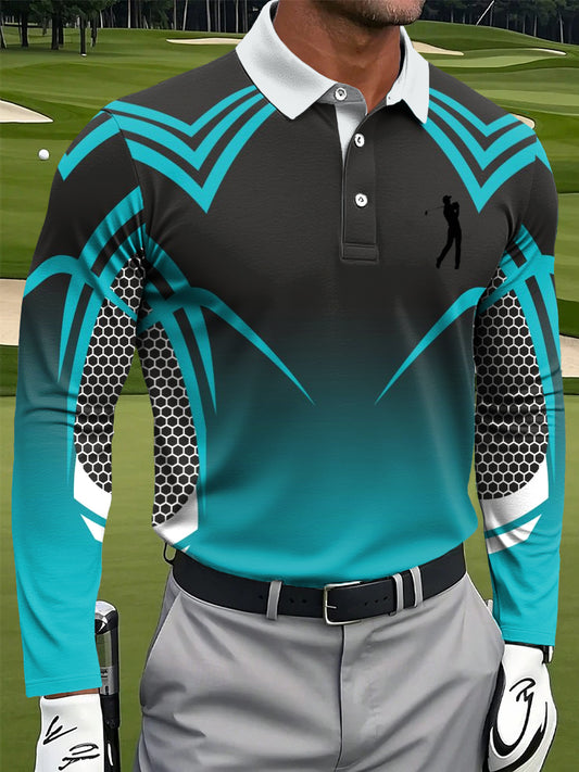 Férfi retro gradient geometriai nyomtatás alkalmi üzleti hosszú ujjú póló