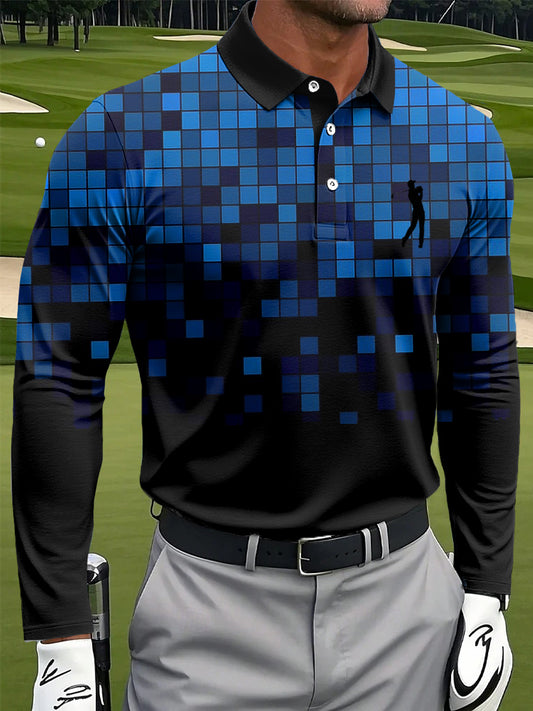 Férfi retro gradient plaid art print alkalmi üzleti hosszú ujjú póló