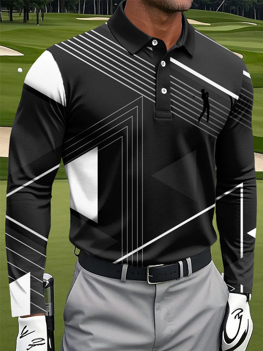 Férfi retro vonal geometriai nyomtatás alkalmi üzleti hosszú ujjú póló