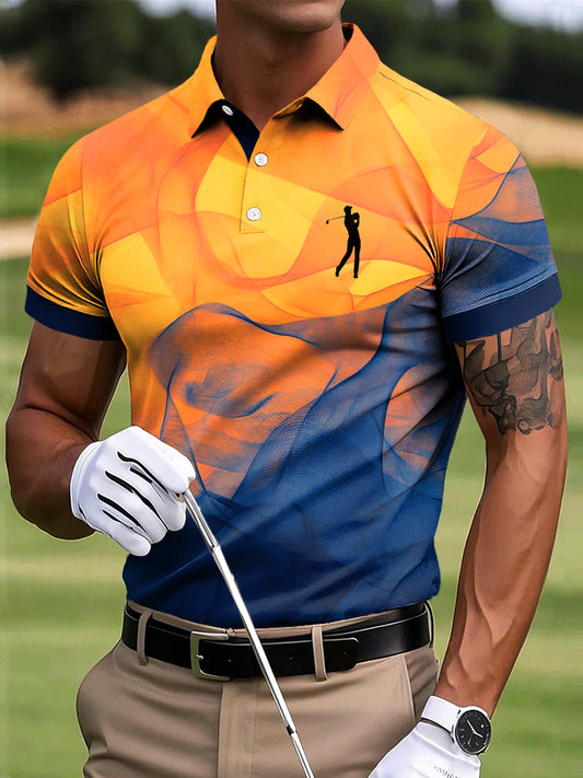Férfi golf gradient színes blokk textúra művészet nyomtatás alkalmi üzleti póló