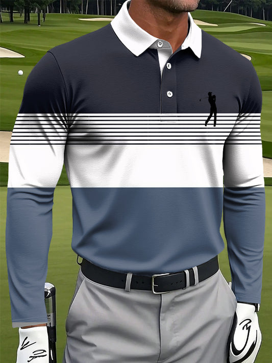 Férfi retro többszínű csík művészeti nyomtatás alkalmi üzleti hosszú ujjú póló