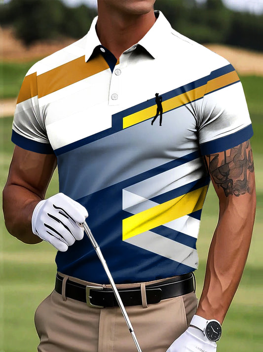 Férfi golf szabálytalan geometriai színes blokk művészet nyomtatás alkalmi üzleti póló