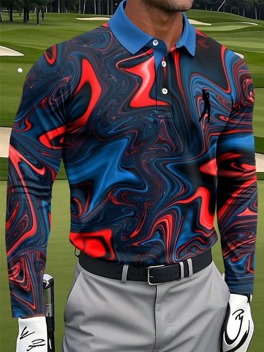 Férfi művészi többszínű márvány textúra nyomtatás alkalmi üzleti hosszú ujjú póló