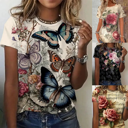 【S-4XL】🌸Női nyomtatott, kerek nyakú, rövid ujjú felső