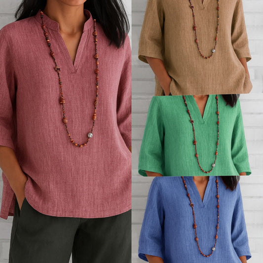 Női V-nyakú, laza fazonú pamut-lenvászon felső