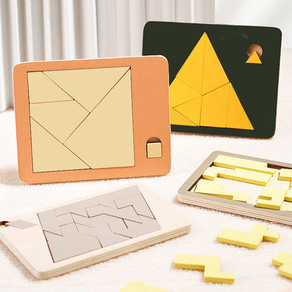 Fa tangram táblás puzzle játék Montessori alakzat puzzle válogató játék Színes tangram oktatási mintás játék gyerekeknek
