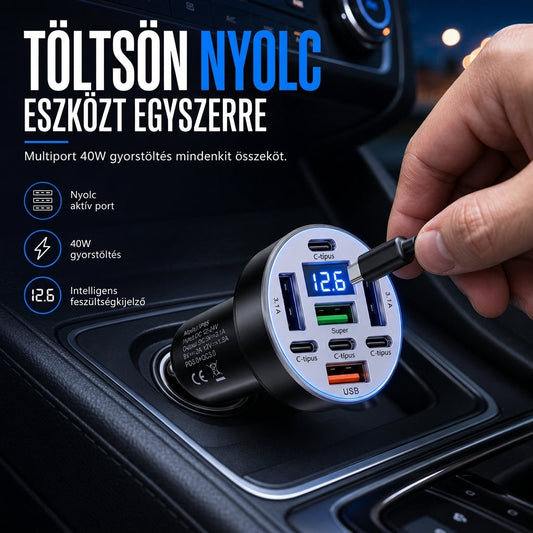 🚗 Gyors autós adapter – 40W, 8 funkció, 4 USB + 4 PD, digitális kijelző 📦