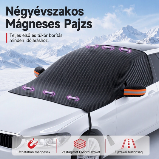 🚗❄️ Mágneses autós szélvédőtakaró – Vastagított vízálló hó- és napvédő fényvisszaverő csíkkal✨